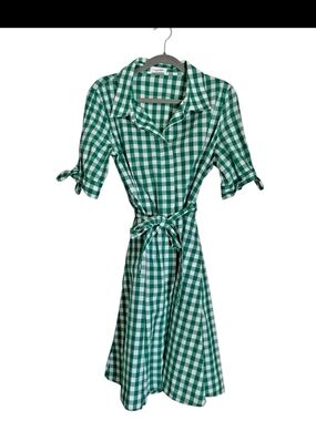 Calvin Klein Green and White Gingham Midi Shirt Dress with Tie Waist